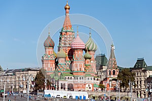 MOSCOW, RUSSIA - 21.09.2015. Saint Basil Cathedral and Vasilevsky Descent of Red Square in Moscow Kremlin,