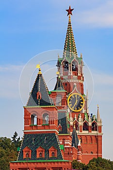 Moscow, Russia - September 02, 2018: Moscow Kremlin towers against blue sky in sunny early morning