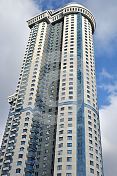 Moscow, Russia.  September 28, 2021:   High-rise buildings in residential complex Vorobyovy Gory on Mosfilmovskaya street, Moscow,