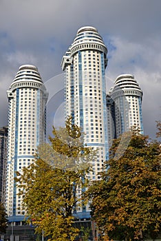 Moscow, Russia.  September 28, 2021:   High-rise buildings in residential complex Vorobyovy Gory on Mosfilmovskaya street, Moscow,