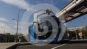 Moscow, Russia-September 2017:The concept of urban transport .Blue electric bus at the charging station.