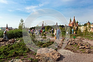 Moscow Kremlin and St. Basil`s Cathedral view in new Zaryadye Park, urban park located near Red Square in Moscow, Russia