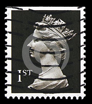 Postage stamp printed in United Kingdom shows Queen Elizabeth II, First class, Decimal Machin serie, circa 1989