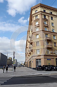 Residential building on the corner of Smolensky Boulevard and Bolshoy Levshinsky Lane in Moscow.