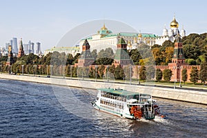 Boat in Moskva river near Kremlin in Moscow