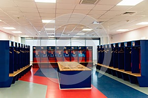 Moscow Russian Federation- January 27, 2018: locker room for CSKA football team, excursion around the stadium of CSKA