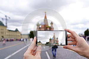 Moscow`s most famous buildings smartphone view. St. Basil`s Cathedral on the Red Square.