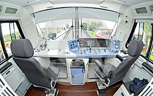 MOSCOW, SEP,18, 2011: Modern new passenger electric loco EP20 driver cabin interior driver desk place console chairs seats