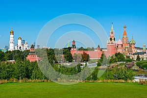 Moscow skyline with Cathedral of Vasily the Blessed Saint Basil`s Cathedral, towers of Moscow Kremlin and Ivan the Great Bell T