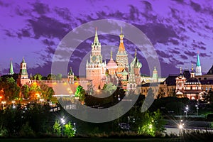 Moscow skyline with Cathedral of Vasily the Blessed Saint Basil`s Cathedral and Spasskaya Tower of Moscow Kremlin on Red Square