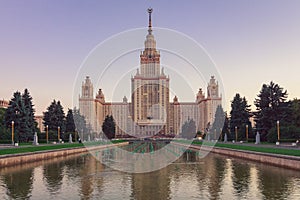 Moscow State University building with a pond in the foreground