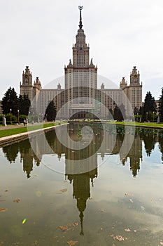 Moscow State University, main building. Reflection in a fountain. Moscow, Russia, Vorobyovy Gory