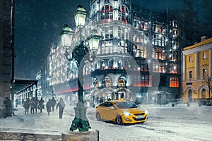 Moscow street. Winter landscape during snowstorm.