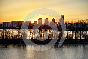 Moscow Strogino district at sunset, Russia