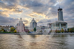 Moscow summer landscape with river and hall of music.