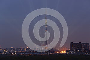 Moscow television tower Ostankino in rays of