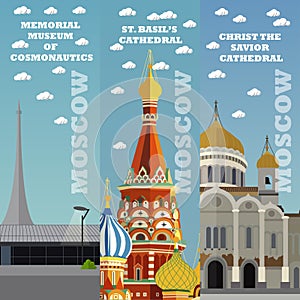 Moscow tourist landmark banners. Vector illustration with Russian famous buildings.