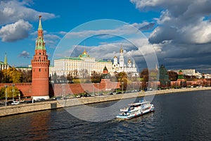 Moscow,  View of the Moscow Kremlin and pleasure cruise ship on the Moscow River