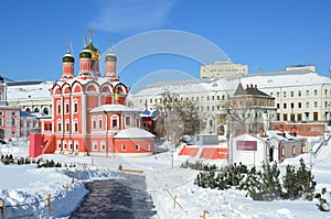 Moscow, Znamensky monastery on Varvarka street in winter in sunny weather