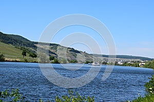 Mosel valley in spring with a ship