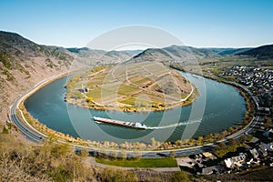 Moselle river bend with the historic town of Bremm, Rheinland-Pfalz, Germany photo