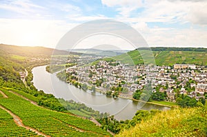 Moselle Valley Germany: View from Landshut Castle to the old town Bernkastel-Kues with vineyards and river Mosel in summer