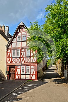 Moselle Valley Germany: View to historic half timbered house in the old town of Traben-Trarbach