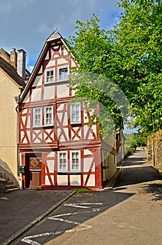 Moselle Valley Germany: View to historic half timbered house in the old town of Traben-Trarbach