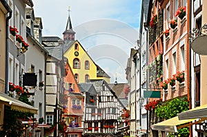 Moselle Valley Germany: View to historic half timbered houses in the old town of Bernkastel-Kues