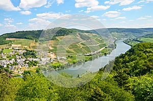 Moselle Valley Germany: View to river Moselle near village Puenderich and Marienburg Castle - Mosel wine region, Germany