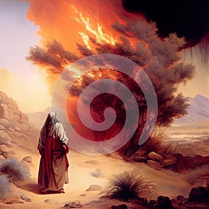 Moses with the burning bush, old Testament and jewish Torah, Book of Exodus, religion, generative AI