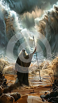 Moses commanding the parting of the yam suph waters a miraculous scene of divine intervention