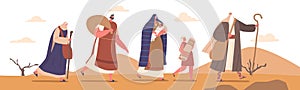 Moses Guides Israelites Through Desert, Character With Raised Staff In Hand Leads People To Promised Land Illustration