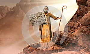 Moses holding 10 Commandments tablets coming down  mount Sinai