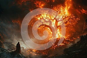 Moses kneels in awe before burning bush on Mount Horeb as vibrant flames glow consuming branches casting otherworldly photo