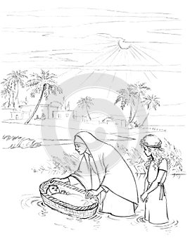 Moses` mother puts him in a basket on the river. Pencil drawing