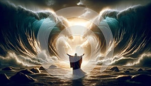 Moses parting the Red Sea, with big waves of water on either side and a path through the middle, emphasizing the miraculous event