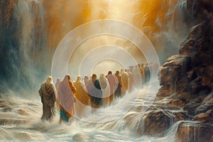 Moses splits the red sea and crosses with the Israelites the water, Exodus of the bible, escape from the Egyptians photo