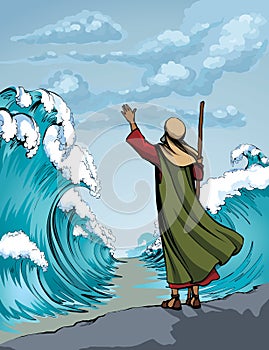 Moses with the staff at the sea. Vector drawing