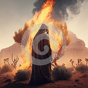 Moses standing in front of a burning bush.