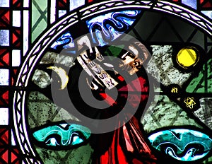 Moses and the Ten Commandments in stained glass