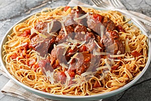 Moshari Kokkinisto or Tas Kebap Greek Veal Stew in a Tomato Sauce with pasta spaghetti closeup on the plate. Horizontal