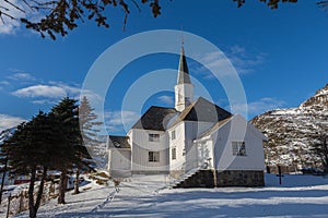 Moskenes Church in winter season. Lofoten, Norway photo
