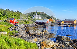 Moskenes fishing village in Lofoten Islands and Moskenes Church photo