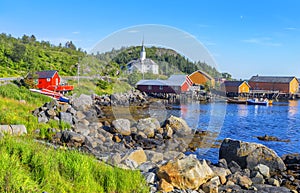 Moskenes fishing village in Lofoten Islands and Moskenes Church