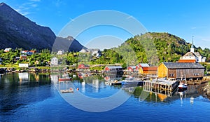 Moskenes fishing village in Lofoten Islands and Moskenes Church