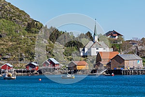 Moskenes fishing village in Lofoten Islands and Moskenes Church parish church in the municipality of Moskenes north of Sorvagen