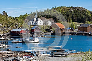 Moskenes fishing village in Lofoten Islands and Moskenes Church parish church in the municipality of Moskenes north of Sorvagen