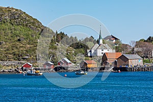 Moskenes fishing village in Lofoten Islands and Moskenes Church parish church in the municipality of Moskenes north of Sorvagen