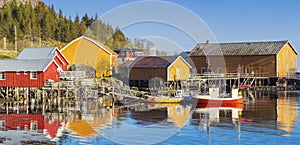 Moskenes Village, Ferry arrival and unloading in Moskenes, Lofoten Islands, Norway photo